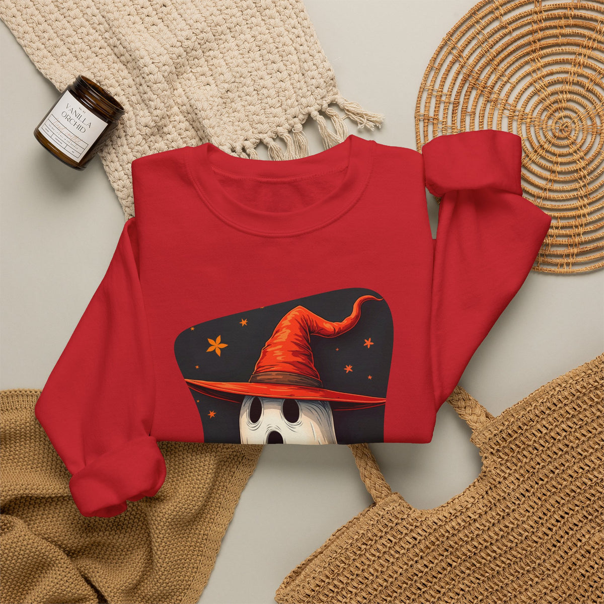 Spooky Ghost Witch Hat Halloween Crewneck Sweatshirt