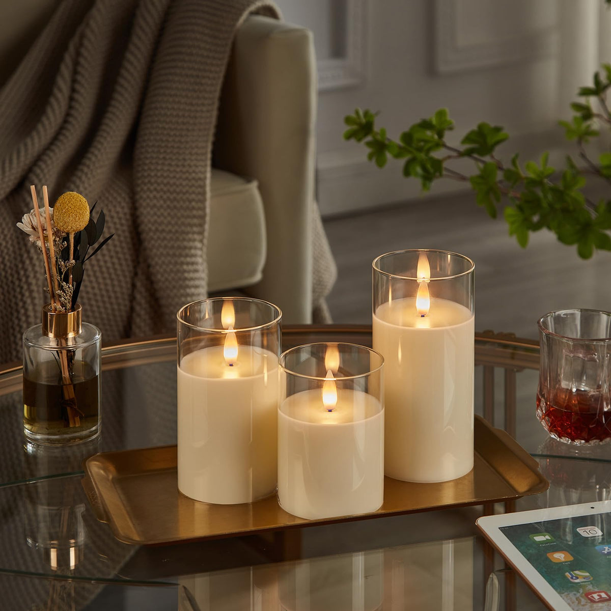 Glass Flameless Pillar Candles Flickering with Remote Timer, Battery Operated LED