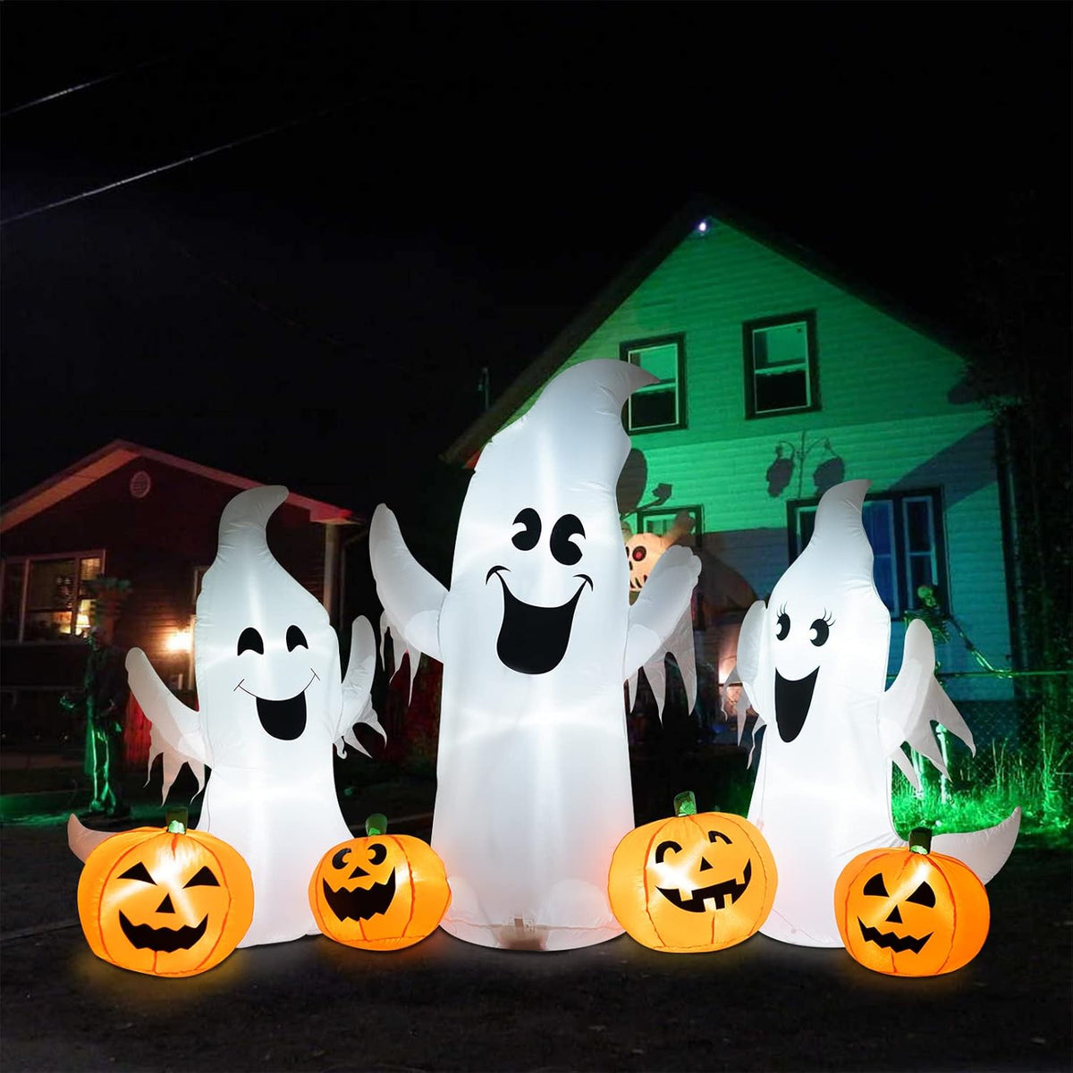 7FT Length Halloween Inflatable Ghosts and Pumpkins, 3 Ghosts Inflatables with LED Lights for Home Yard Lawn Indoor Halloween Outdoor Decoration