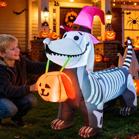 Goosh 5.5 Ft Halloween Inflatables Outdoor Decorations Skeleton Puppy Inflatable Yard Decoration with Build-In Leds Blow Up Pumpkin for Halloween Party Indoor Outdoor Yard Garden