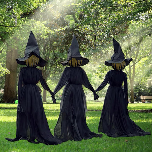 Halloween Witch Decorations Outdoor - 5 Ft Set of 3 Light Up Holding Hands Witches Stakes with Glowing Faces, Sound-Activated Screaming Sensor, Waterproof Life Size Scary Halloween Yard Decorations