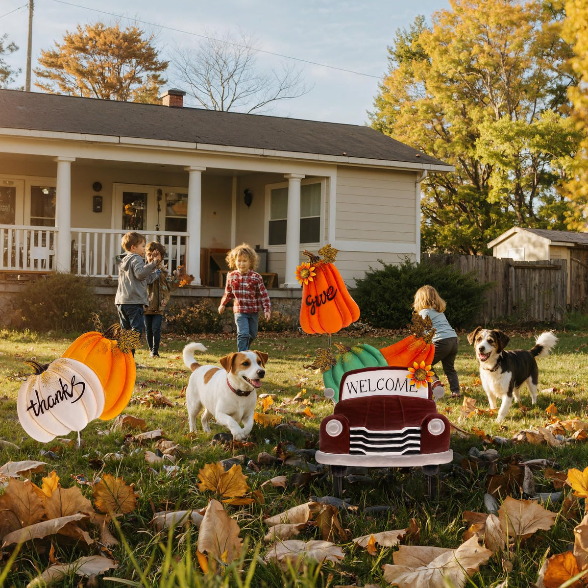 Lanpn Fall Garden Stakes Decorative, 3 Stacked Pumpkin Truck Waterproof Metal Yard Signs 2ft for Home Lawn Patio Porch Autumn Thanksgiving Harvest Season Outdoor Decor (Style 01, 11.4 X 29.9 Inch)