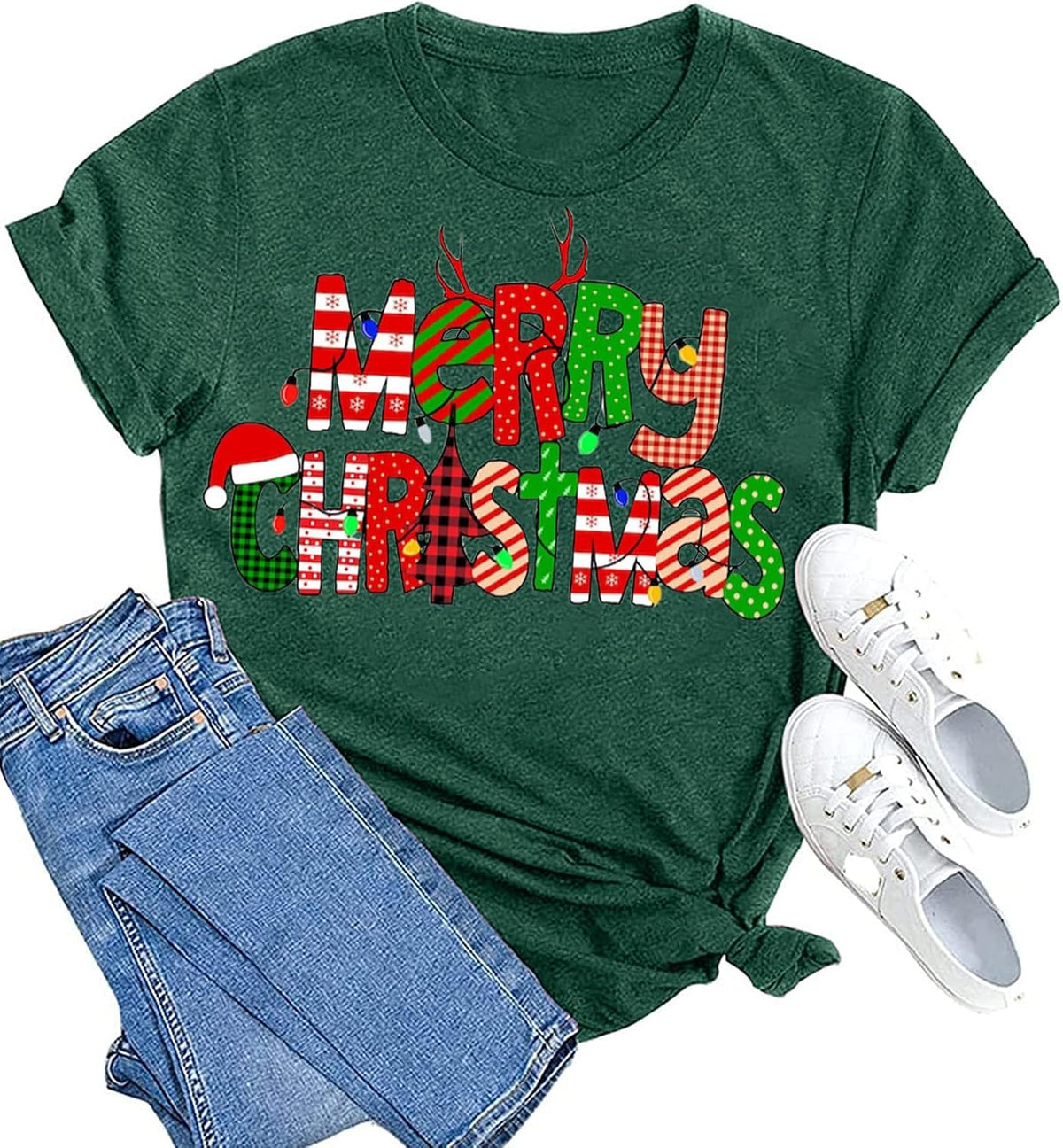 hcihgzr Christmas Shirts for Women Merry and Bright Christmas Shirt Xmas Tree Graphic Holiday T-Shirt Tops