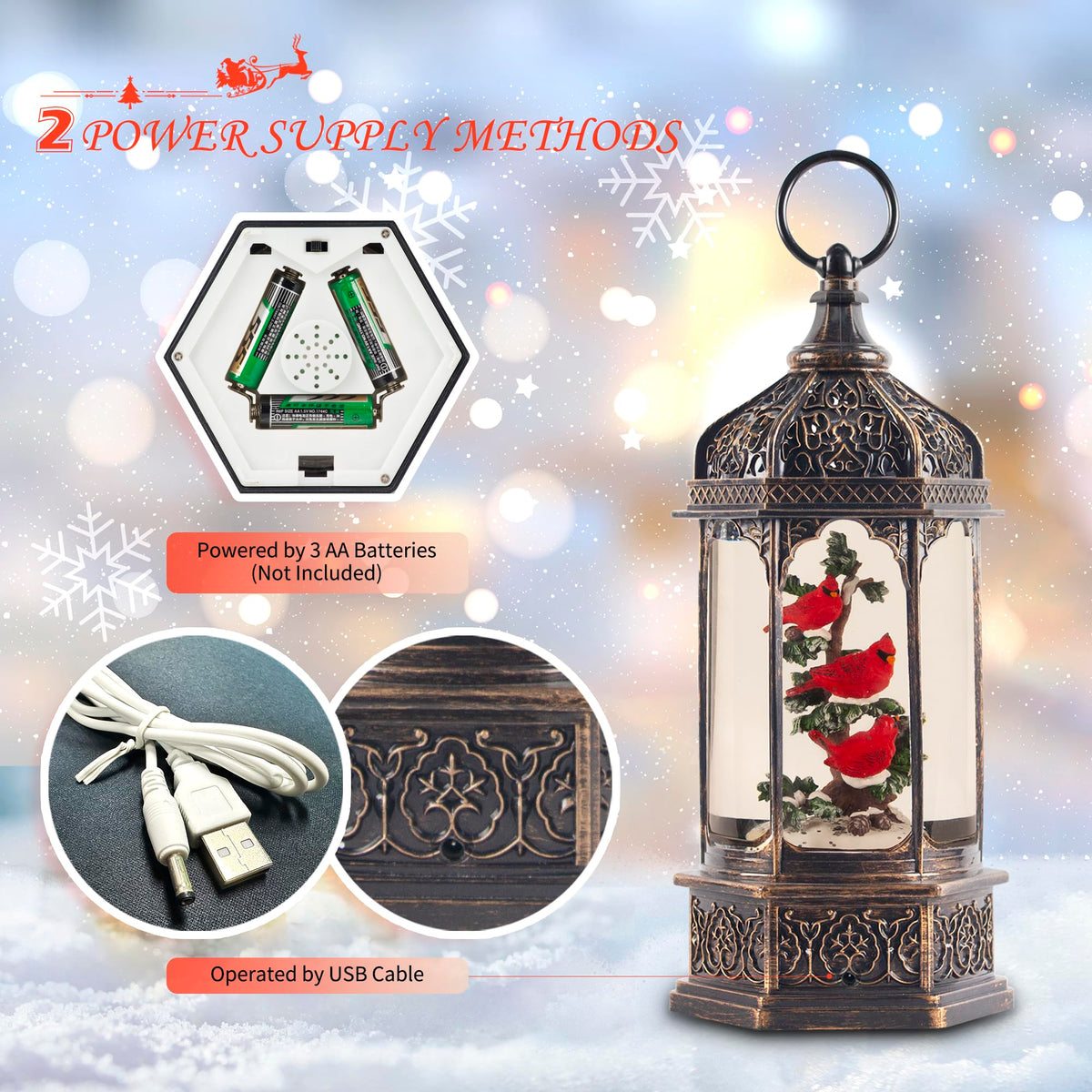12.8" Christmas Snow Globe Lantern Christmas Decorations Indoor with Swirling Glitter Three Cardinals in the Tree, Lighted Musical Snow Globes for Home Decoration USB Powered or Battery Operated