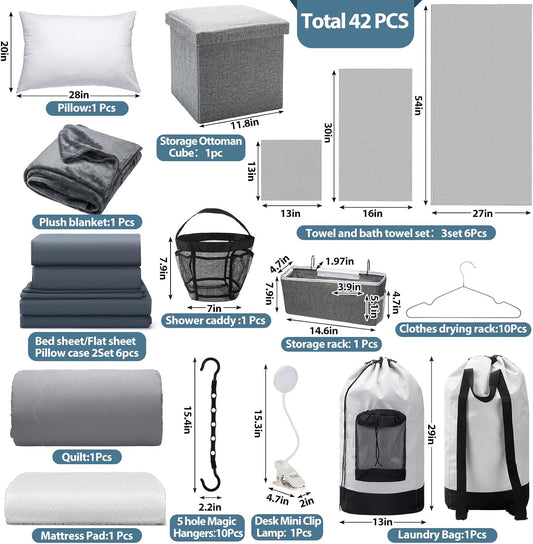 42 Pcs College Dorm Essentials Set Twin XL Bedding Bundle Bedding Bathroom and Storage Supplies