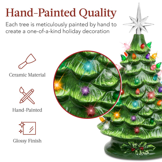 Best Choice Products 15in Ceramic Christmas Tree, Pre-Lit Hand-Painted Tabletop Holiday Tree, Star Topper, 64 Lights - Green W/Multicolored Bulbs
