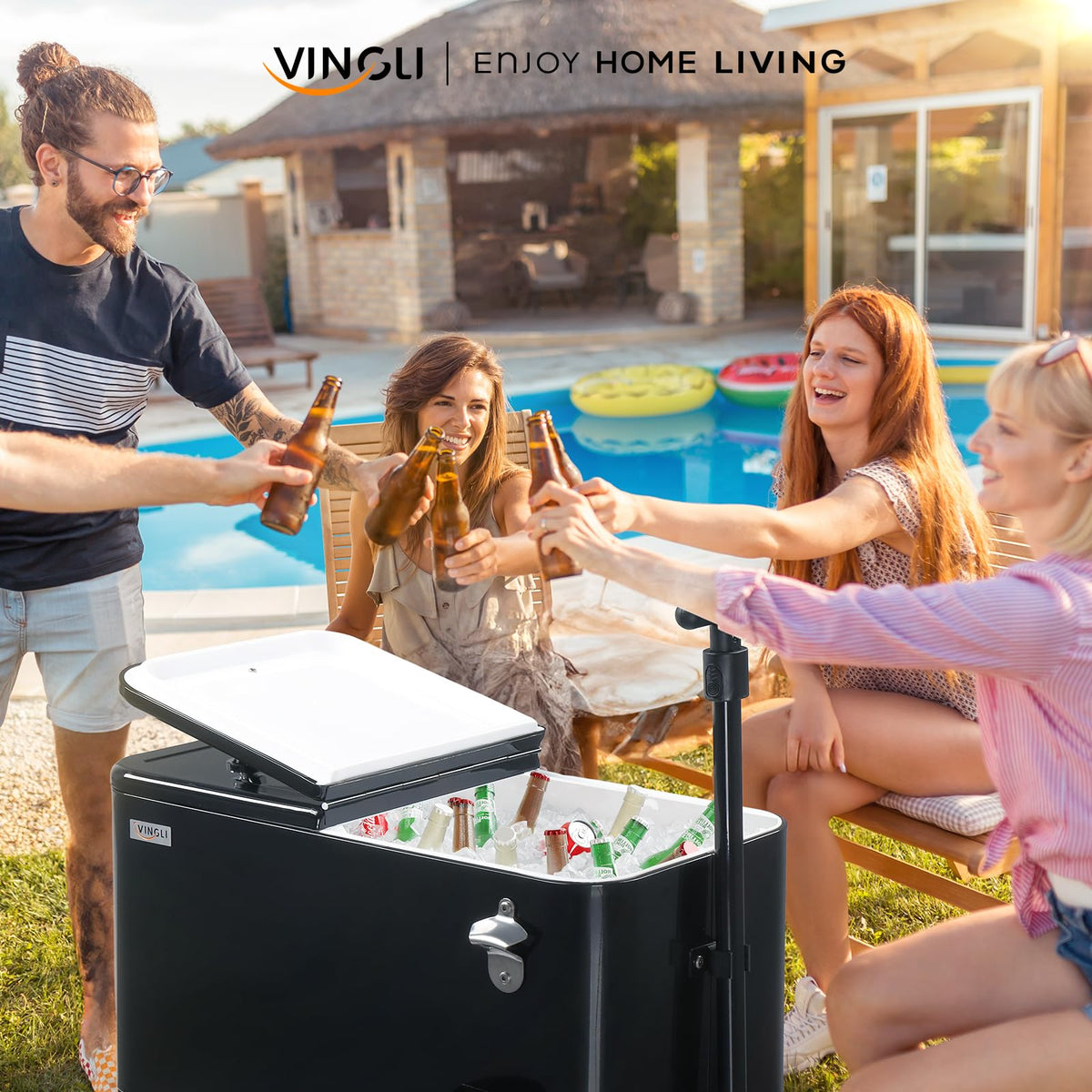 Vingli 80 Quart Wagon Rolling Cooler Ice Chest, W/Long Handle and 10" Wheels