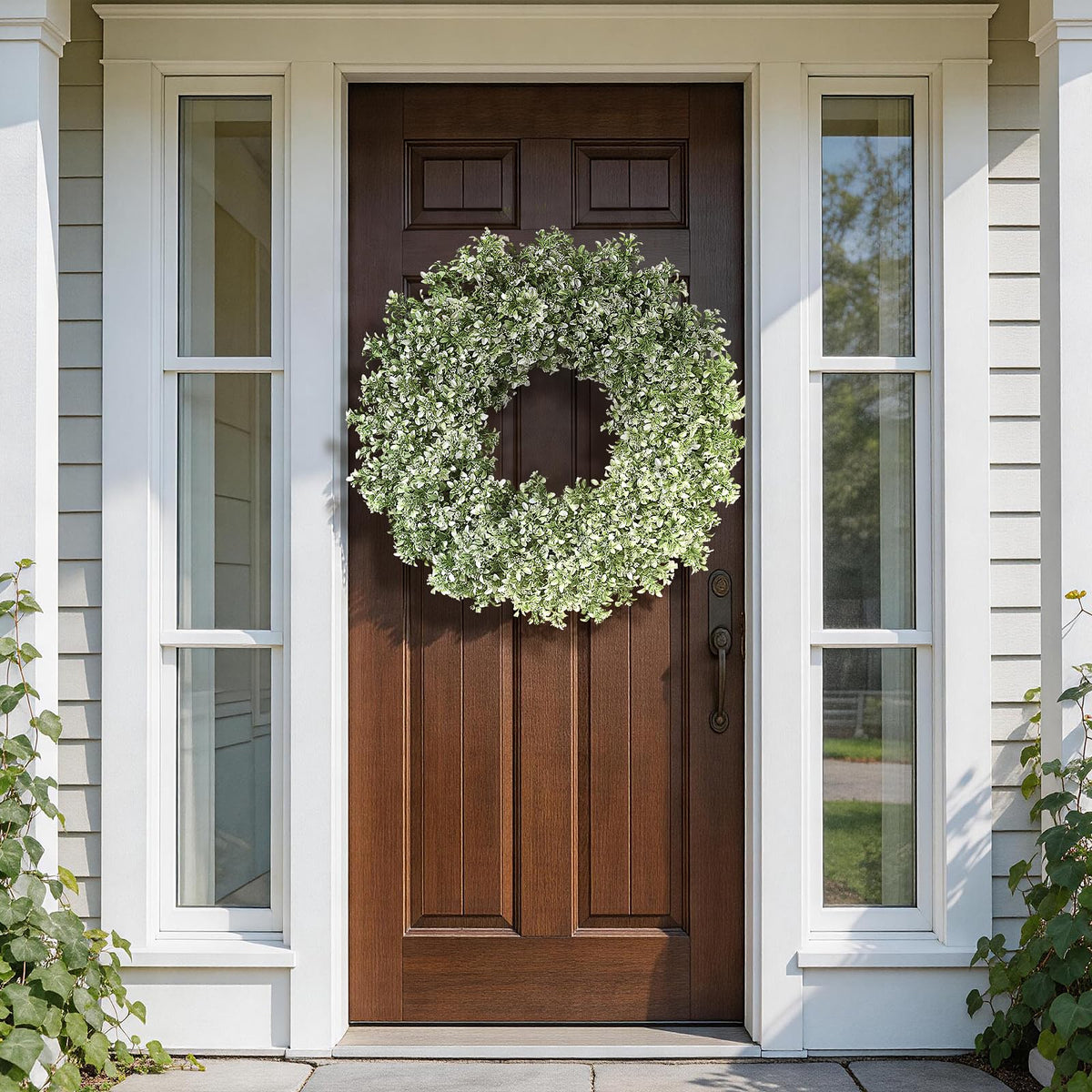 32" Large Artificial Boxwood Wreath for Front Door (White-Green) | Waterproof & Fade Resistant