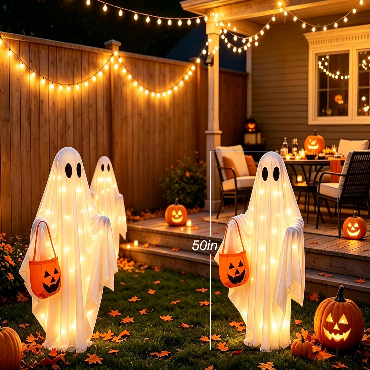 Solar Ghost Halloween Lights 2Pack Hanging Stake Yard Decor | Solar Glowing Ghost Decor, Rainproof, Dual Mount. Perfect Lawn Porch Decor for Halloween Fans