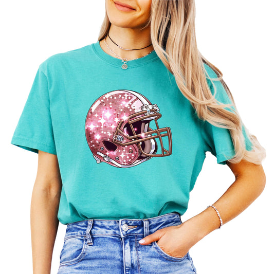 Pink Football Helmet Faux Glitter Shirt for Women and Teens Girly Football Fan Oversized Tee