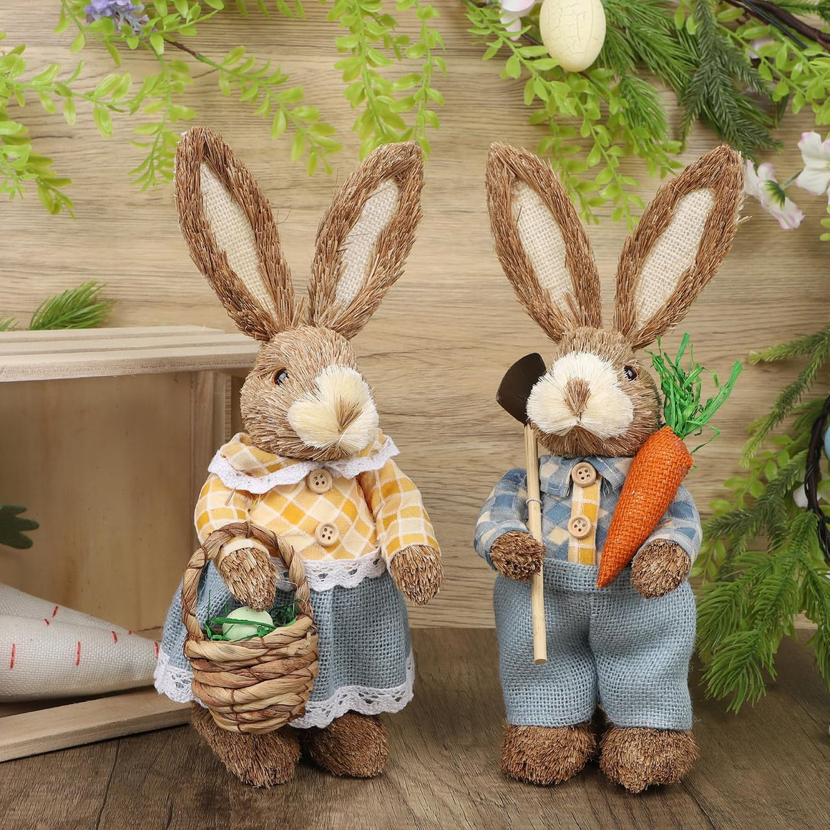 Dr.dudu Set of 2 Easter Decorations 13" Bunny Figurines Tabletop Spring Decor, Rustic Straw Bunny Couple with Carrot, Sisal Rabbit Statues Ornaments for Table Home Office Kitchen Farmhouse