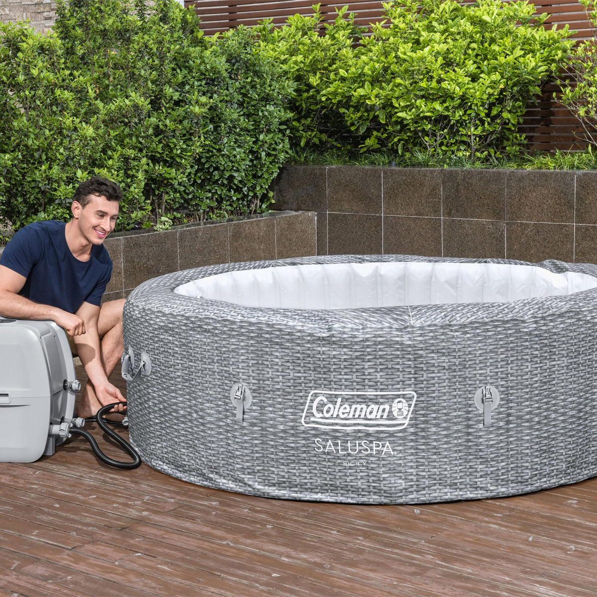 Coleman Sicily 5 to 7 Person Inflatable Hot Tub, Round Portable Outdoor Spa with 180 Airjets and Energysense Cover, Grey, 85" X 28"