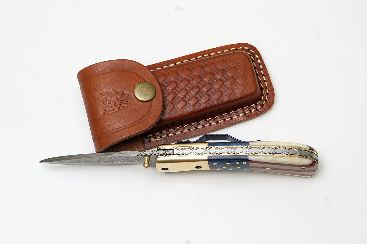 Patriotic American Flag Folding Knife | Hand-Forged Damascus Steel | Custom Blue Pocket Clip Edition