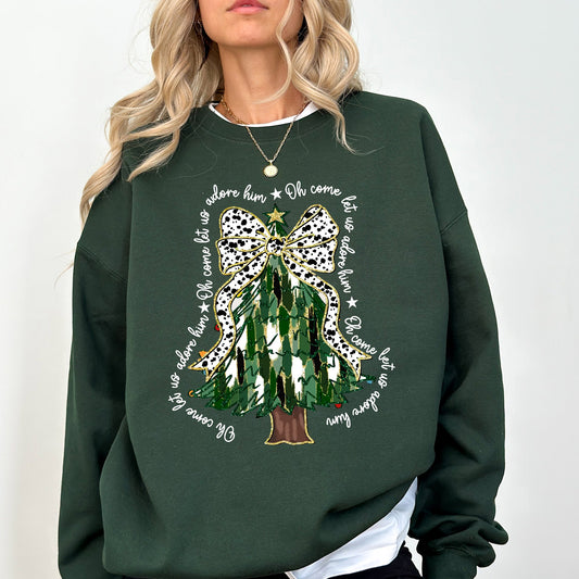Oh Come Let Us Adore Him, Christmas Tree, Dalmatian Print, Xmas Sweatshirt