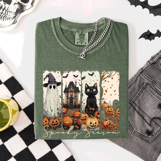 Spooky Season Stripes Halloween Cat Ghost Pumpkins Autumn Fall Comfort Colors Tee
