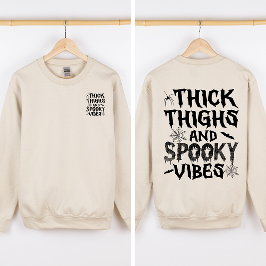 Thick Thighs Spooky Vibes Front And Back Faux Patchwork Lace Ghost Motif With Glitter Accent Halloween Edition Hoodie