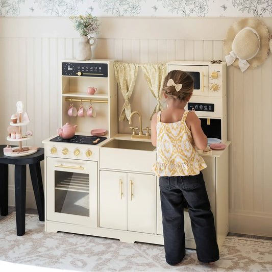 Tiny Land Iconic Wooden Play Kitchen – Cream Pretend Cooking Set for Kids