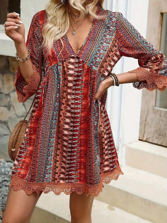 Lace Trim Printed V-Neck 3/4 Sleeve Dress