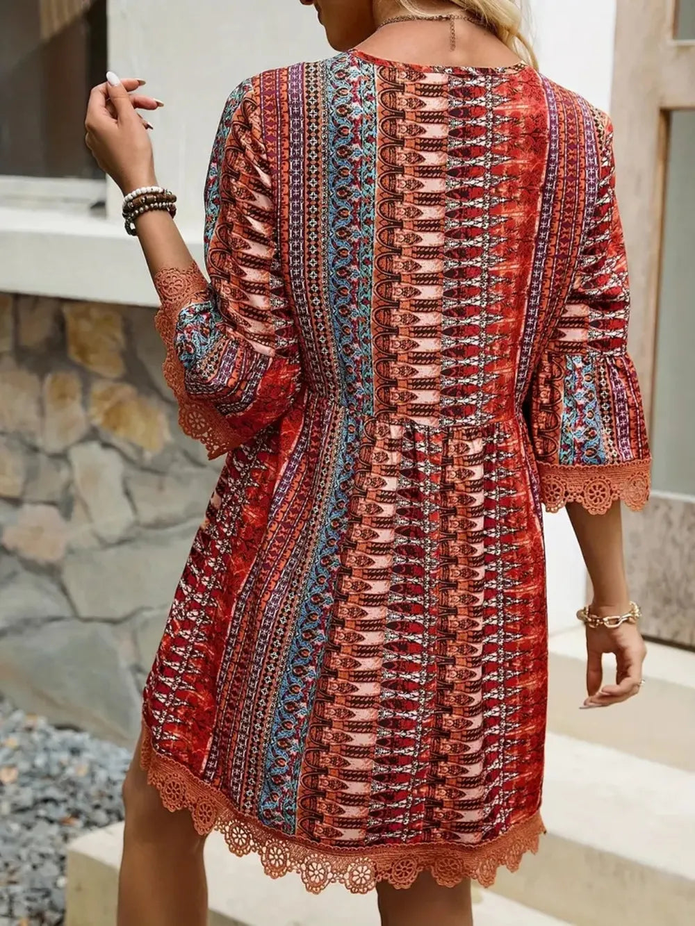 Lace Trim Printed V-Neck 3/4 Sleeve Dress