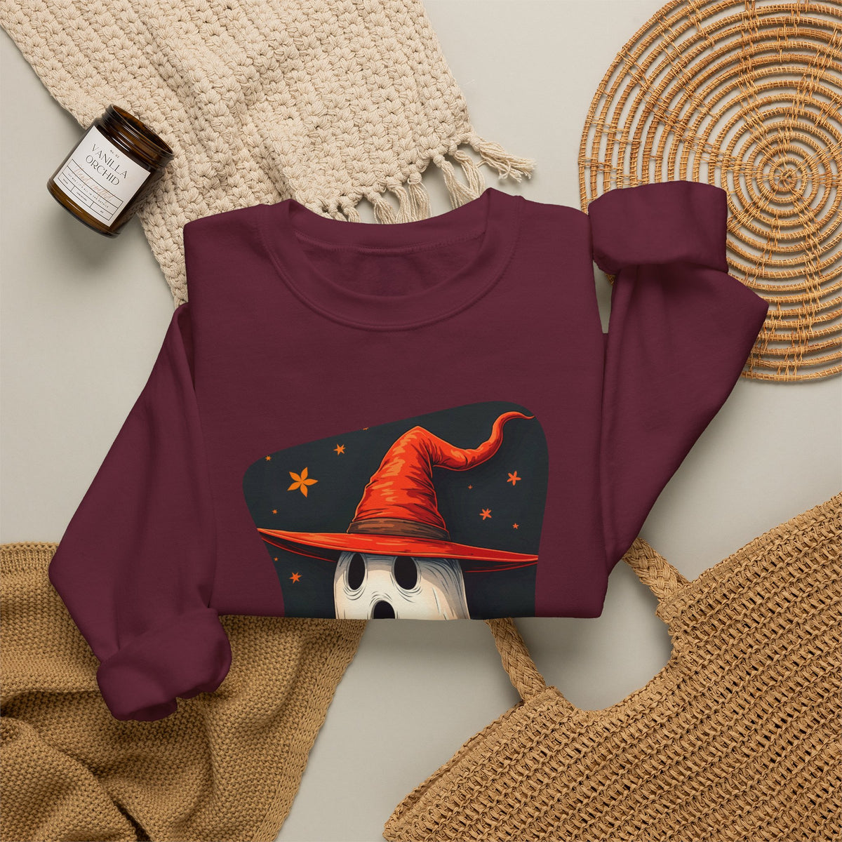 Spooky Ghost Witch Hat Halloween Crewneck Sweatshirt