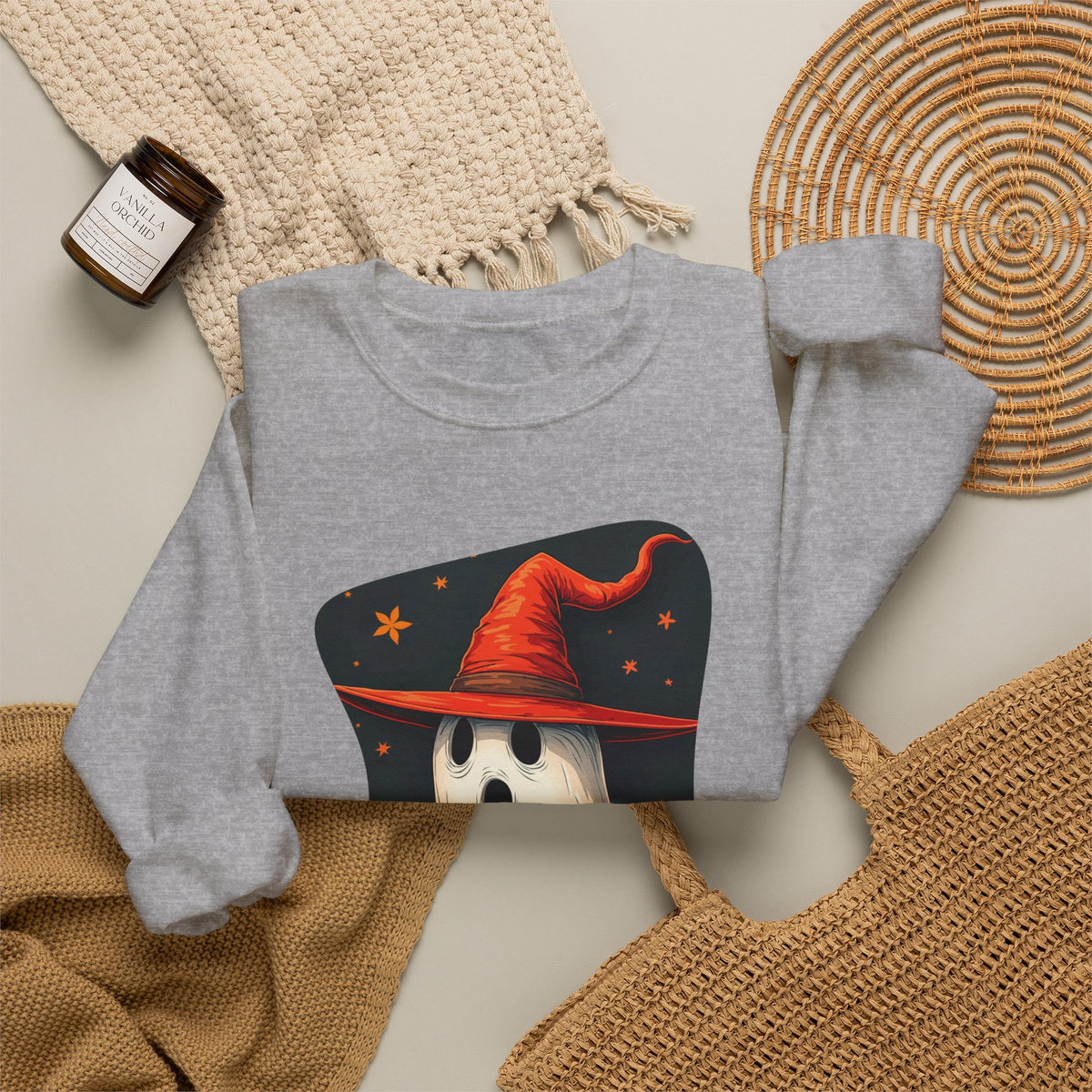 Spooky Ghost Witch Hat Halloween Crewneck Sweatshirt