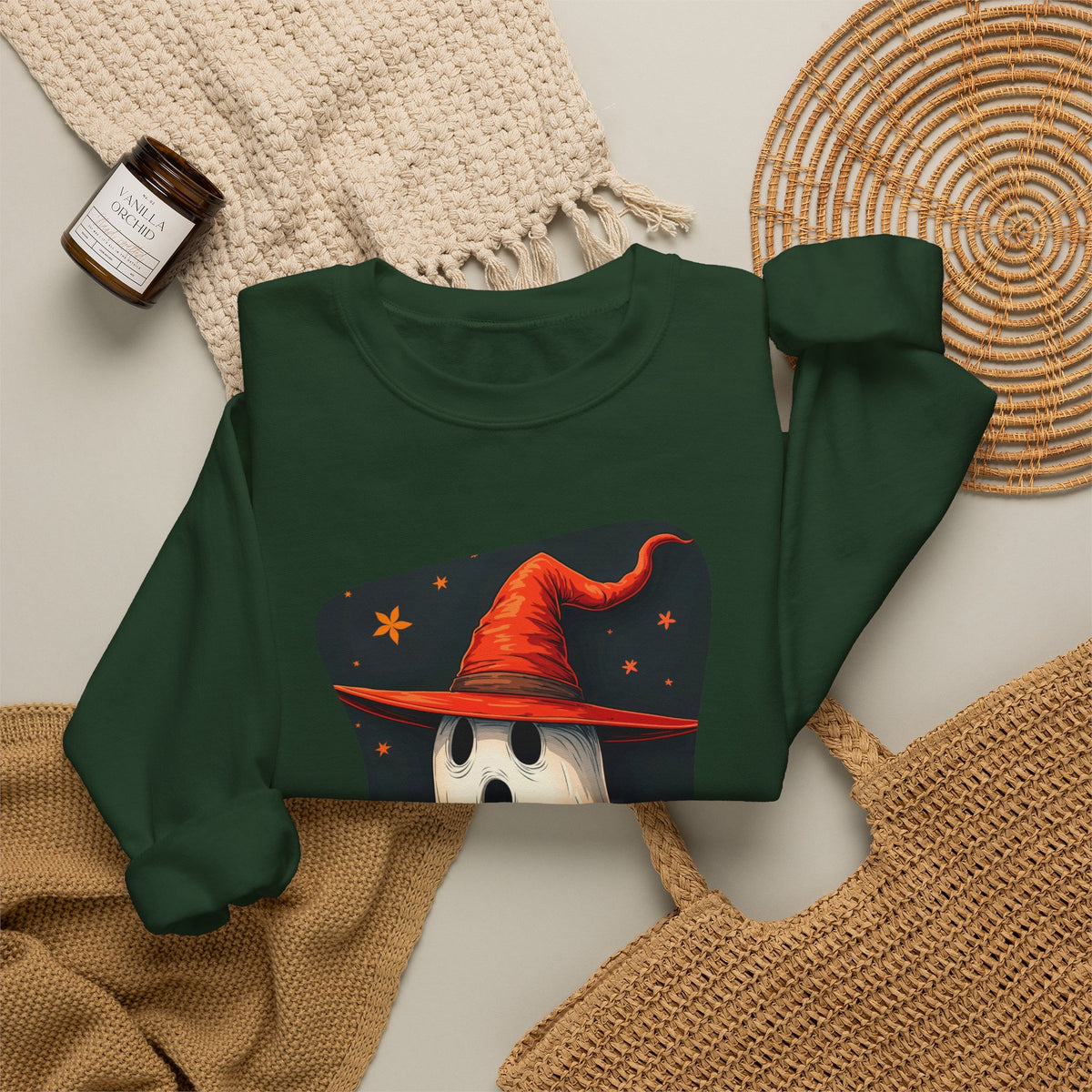 Spooky Ghost Witch Hat Halloween Crewneck Sweatshirt