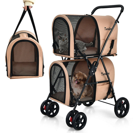 4-In-1 Double Pet Stroller with Detachable Carrier and Travel Carriage