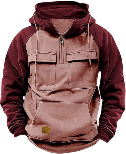 Fall Winter Retro Cargo Hoodies Men's Half Zipper Solid Warm Fleece Sweatshirts Multi Pockets Male Hooded Jackets Thick Outdoor Hooded