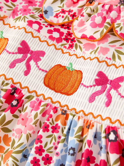 Fall Halloween & Thanksgiving Pumpkin Bow Smock Embroidered Floral Dress