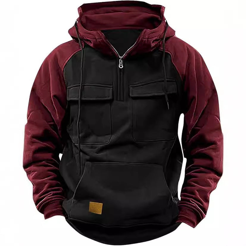 Fall Winter Retro Cargo Hoodies Men's Half Zipper Solid Warm Fleece Sweatshirts Multi Pockets Male Hooded Jackets Thick Outdoor Hooded