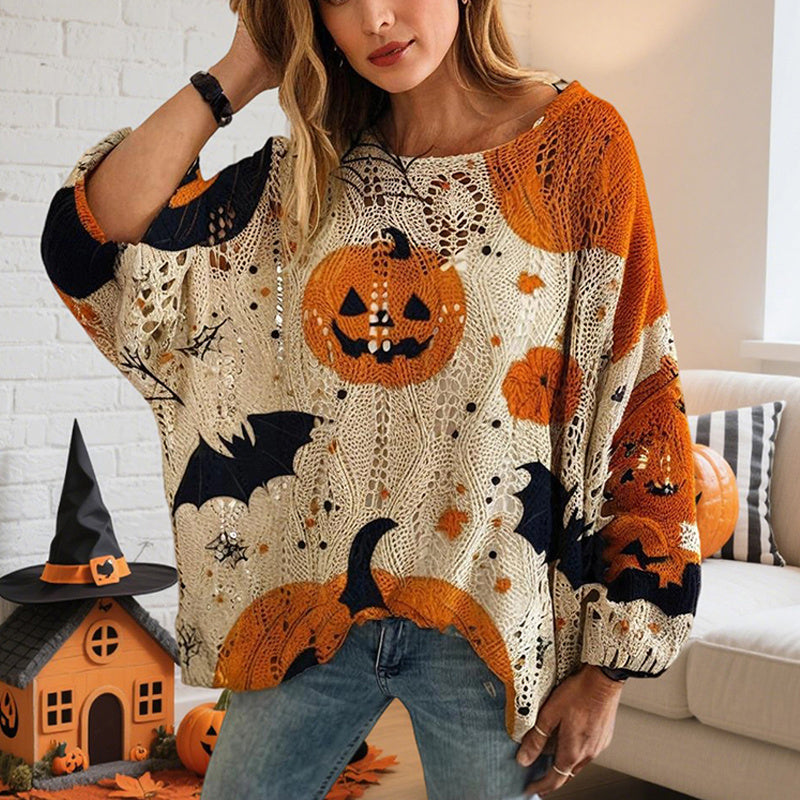 Women’s Hollow Out Batwing Top – Halloween Pumpkin Print Blouse