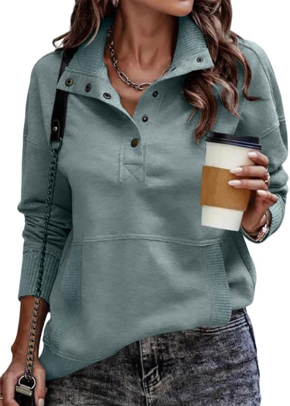 SHEWIN Women's Casual Long Sleeve Stand Neck Sweatshirt Lightweight Button Drawstring Pullover Tops