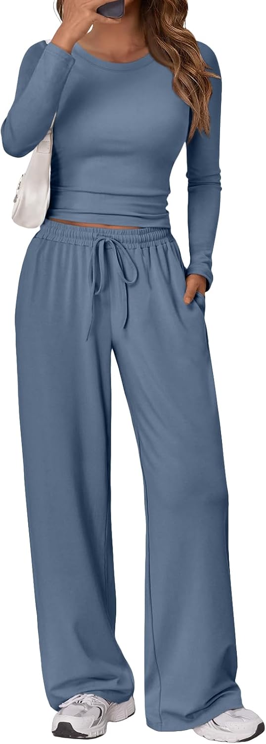 Trendy Queen Women's 2 Piece Matching Lounge Set Long Sleeve Side Ruching Top Wide Leg Drawstring Pants Set with Pockets