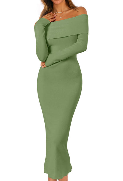 MEROKEETY Women's Fall Off Shoulder Long Sleeve Bodycon Midi Sweater Dress