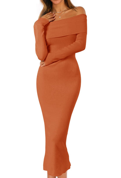 MEROKEETY Women's Fall Off Shoulder Long Sleeve Bodycon Midi Sweater Dress