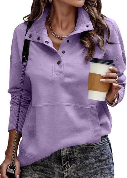 SHEWIN Women's Casual Long Sleeve Stand Neck Sweatshirt Lightweight Button Drawstring Pullover Tops