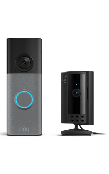 Ring Battery Doorbell (Newest Model), Speckled Gray with Indoor Cam, Black