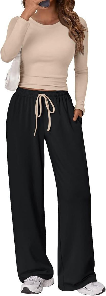 Trendy Queen Women's 2 Piece Matching Lounge Set Long Sleeve Side Ruching Top Wide Leg Drawstring Pants Set with Pockets