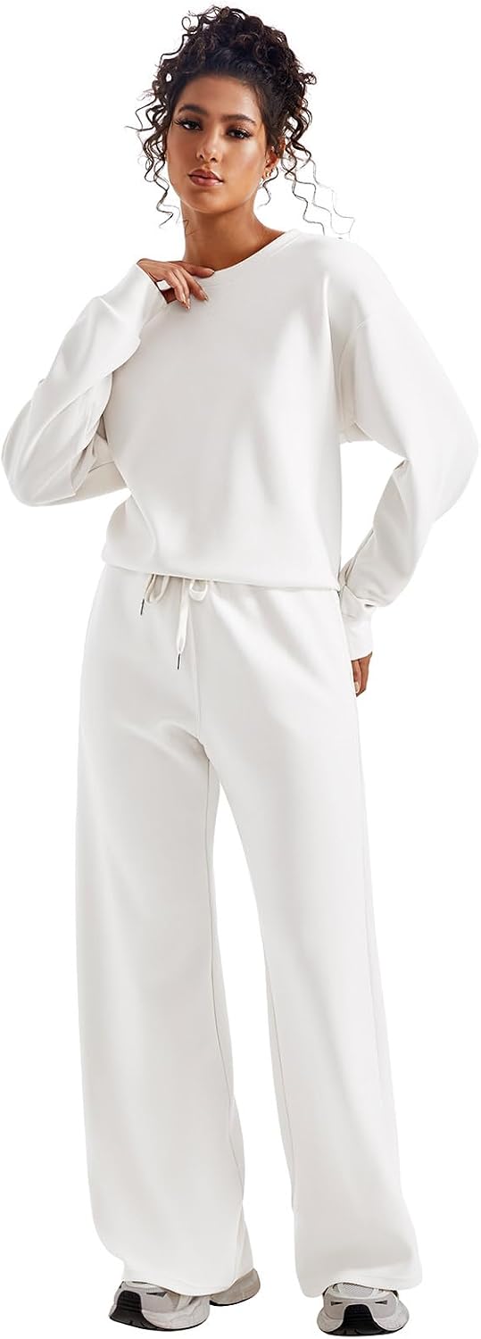SUUKSESS Women 2 Piece Outfits Fall Oversized Sweatshirt Wide Leg Pants