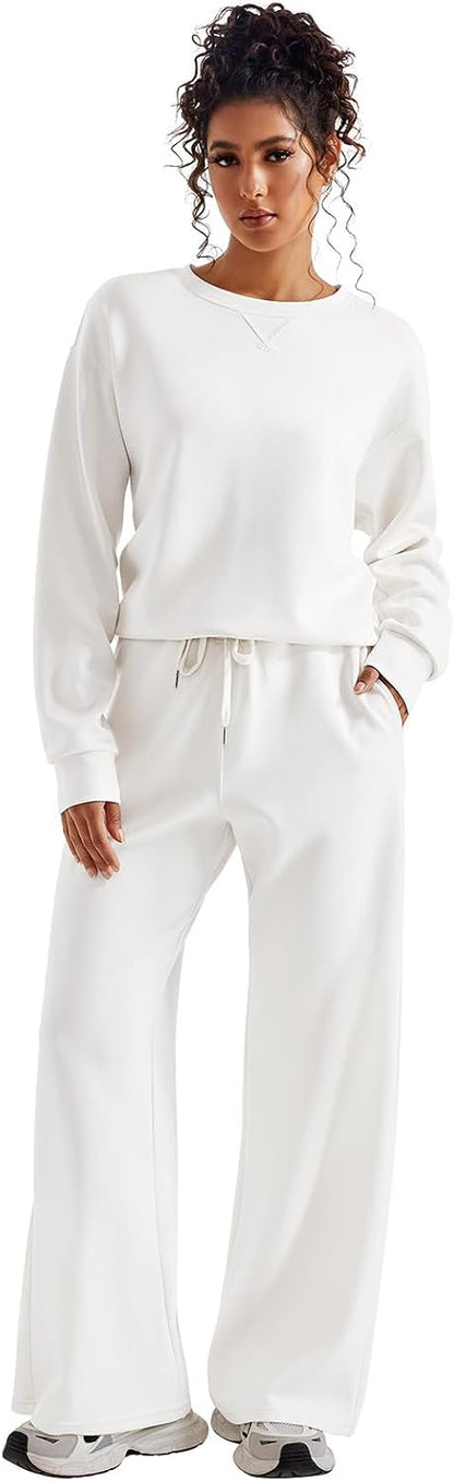 SUUKSESS Women 2 Piece Outfits Fall Oversized Sweatshirt Wide Leg Pants