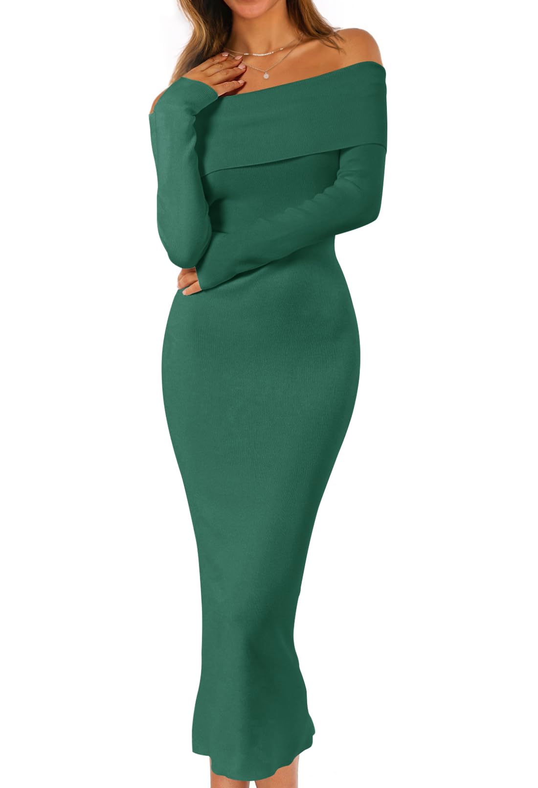 MEROKEETY Women's Fall Off Shoulder Long Sleeve Bodycon Midi Sweater Dress
