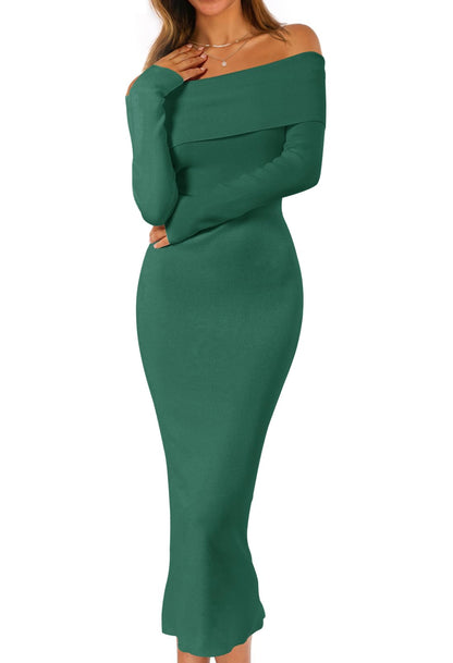 MEROKEETY Women's Fall Off Shoulder Long Sleeve Bodycon Midi Sweater Dress