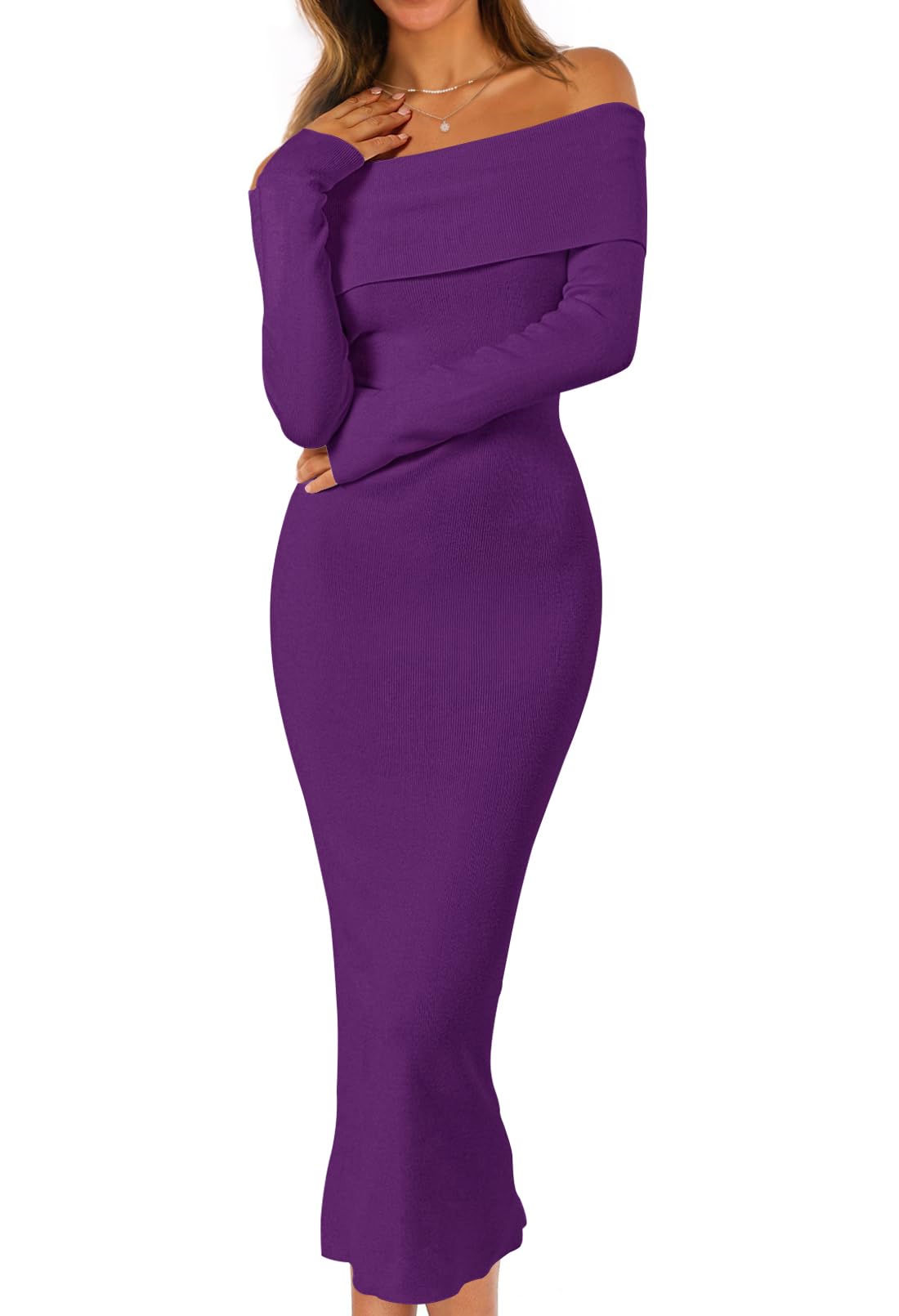 MEROKEETY Women's Fall Off Shoulder Long Sleeve Bodycon Midi Sweater Dress