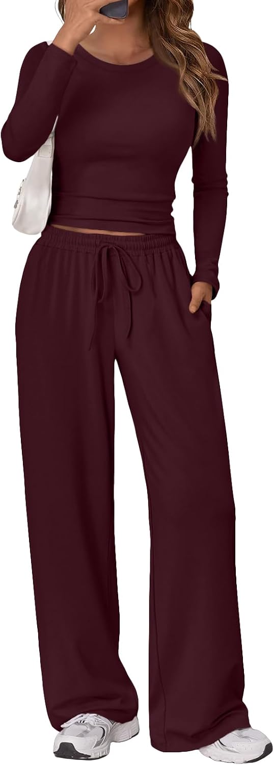 Trendy Queen Women's 2 Piece Matching Lounge Set Long Sleeve Side Ruching Top Wide Leg Drawstring Pants Set with Pockets