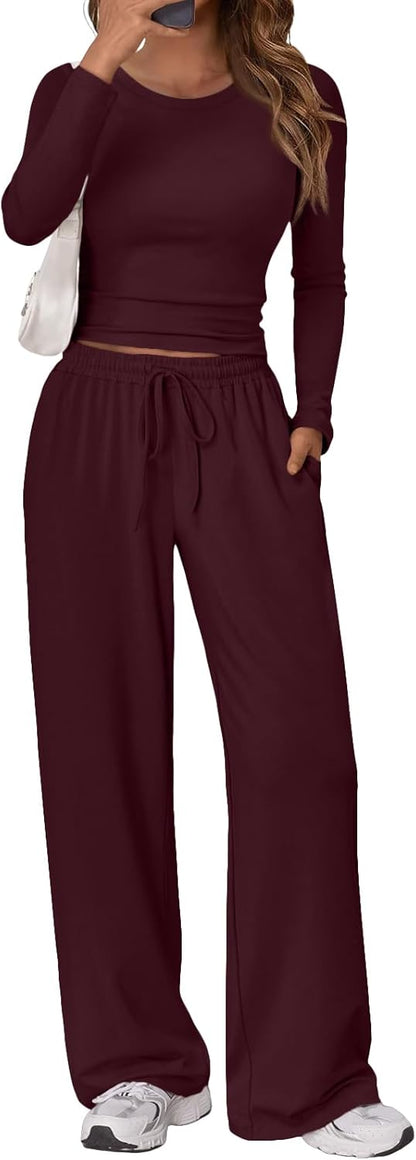 Trendy Queen Women's 2 Piece Matching Lounge Set Long Sleeve Side Ruching Top Wide Leg Drawstring Pants Set with Pockets