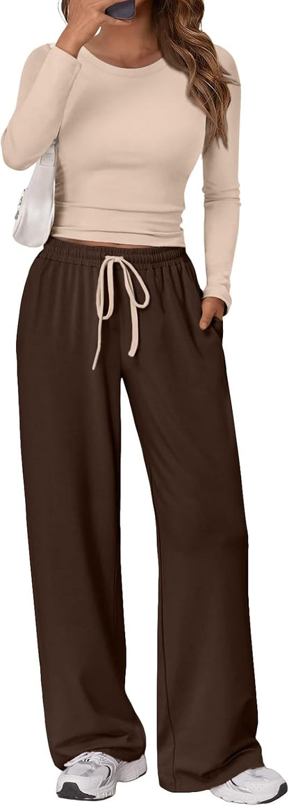 Trendy Queen Women's 2 Piece Matching Lounge Set Long Sleeve Side Ruching Top Wide Leg Drawstring Pants Set with Pockets