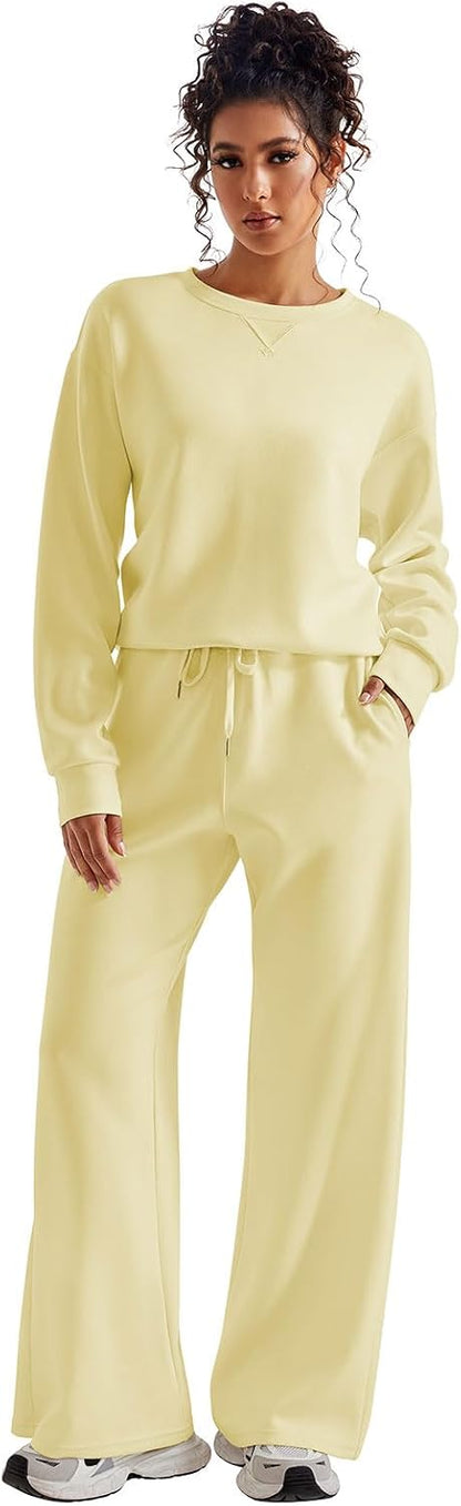 SUUKSESS Women 2 Piece Outfits Fall Oversized Sweatshirt Wide Leg Pants