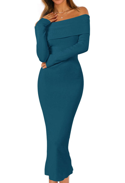 MEROKEETY Women's Fall Off Shoulder Long Sleeve Bodycon Midi Sweater Dress