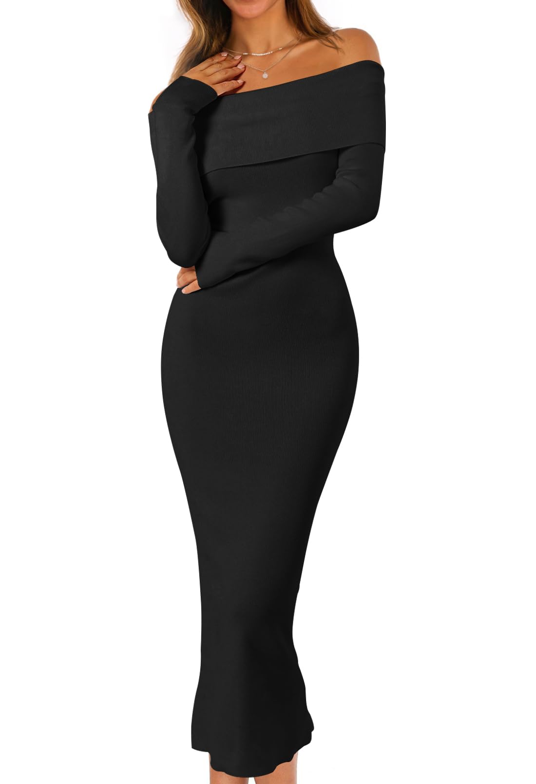MEROKEETY Women's Fall Off Shoulder Long Sleeve Bodycon Midi Sweater Dress