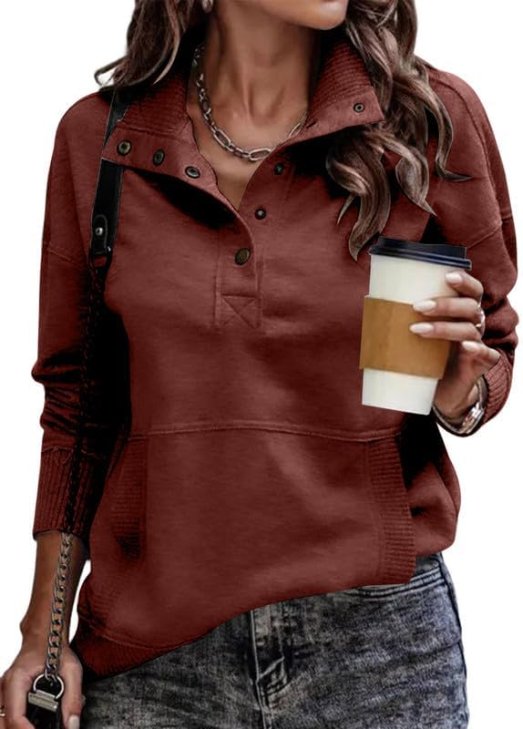 SHEWIN Women's Casual Long Sleeve Stand Neck Sweatshirt Lightweight Button Drawstring Pullover Tops